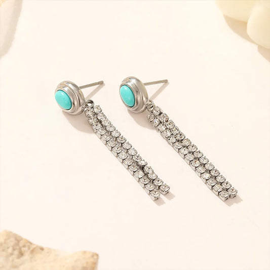 1 Pair Simple Style Classic Style Color Block Plating Inlay Stainless Steel Turquoise Drop Earrings