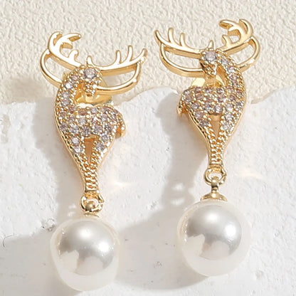 1 Pair Simple Style Classic Style Commute Deer Inlay Copper Artificial Pearls Zircon 14k Gold Plated Ear Studs