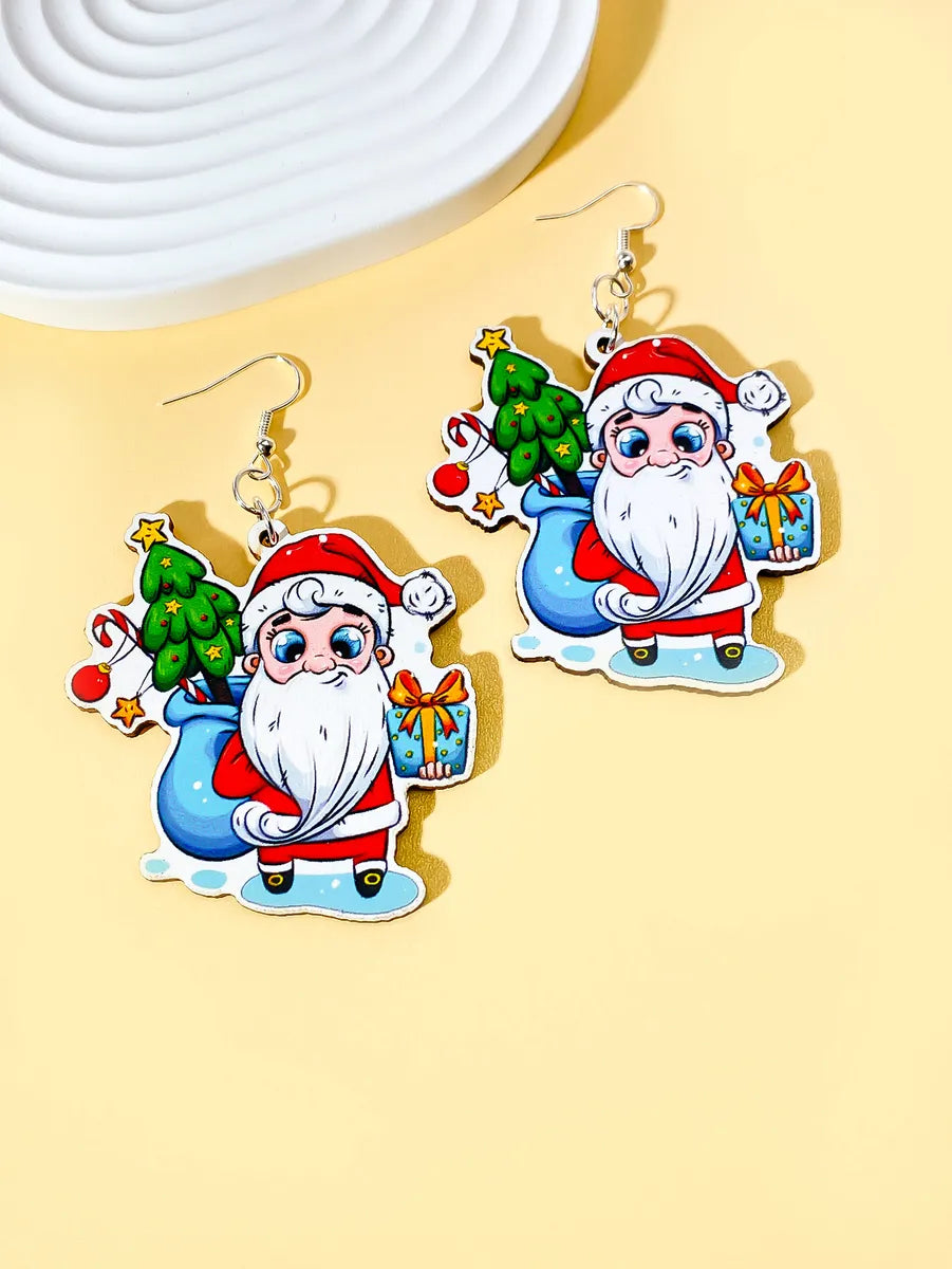 1 Pair Simple Style Classic Style Commute Santa Claus Printing Wood Drop Earrings