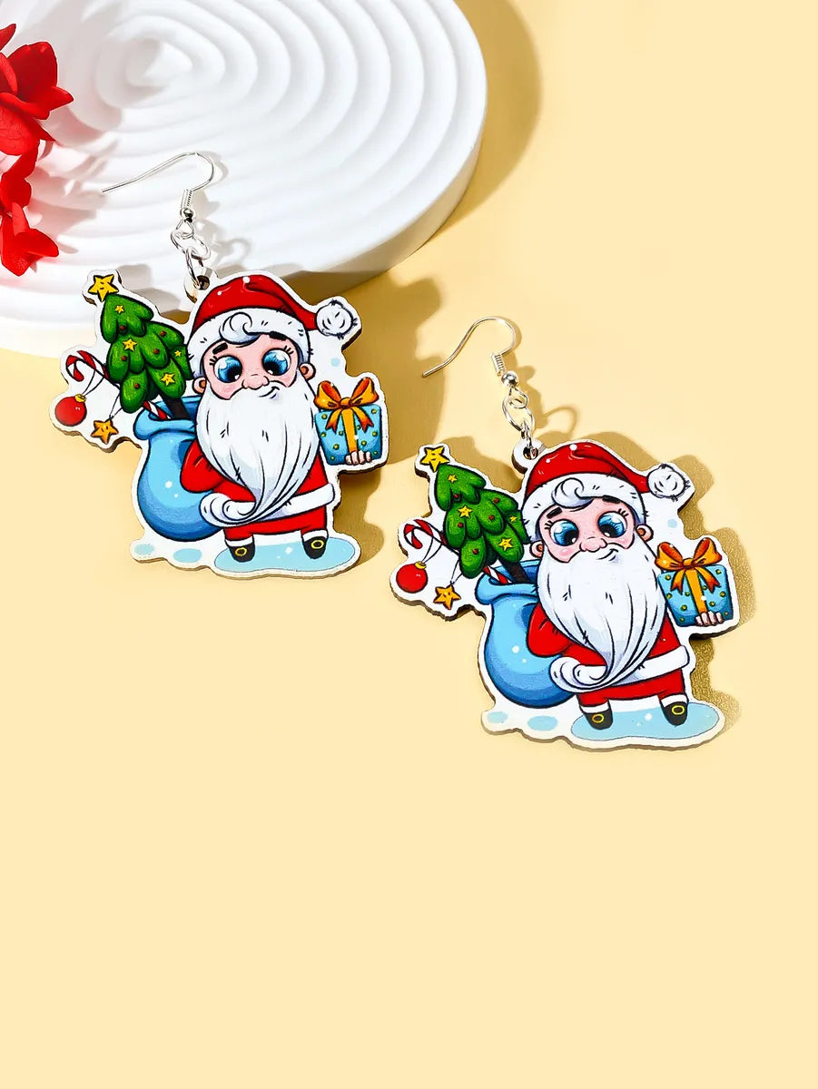 1 Pair Simple Style Classic Style Commute Santa Claus Printing Wood Drop Earrings