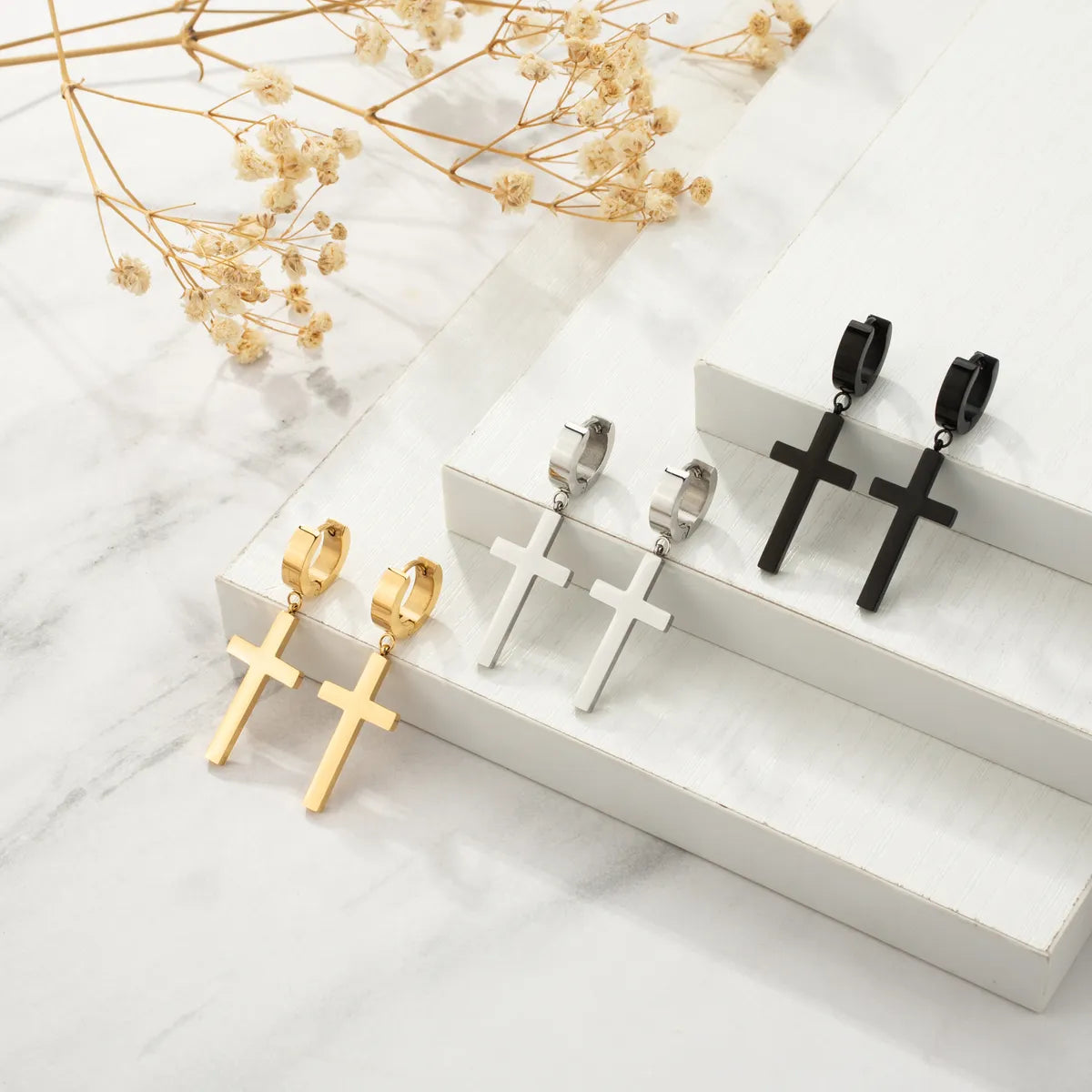 1 Pair Simple Style Classic Style Cross Plating Stainless Steel Gold Plated Black Plated Earrings