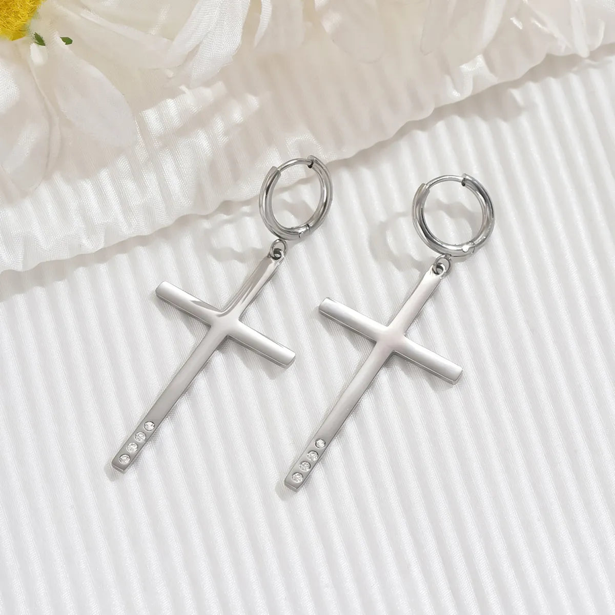 1 Pair Simple Style Classic Style Cross Polishing Inlay 304 Stainless Steel Zircon Drop Earrings