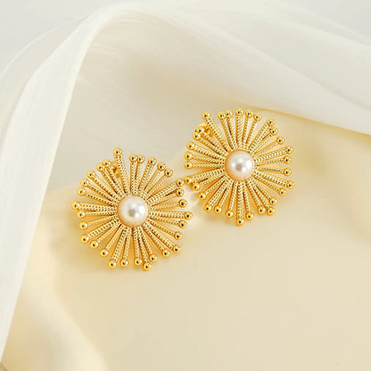 1 Pair Simple Style Classic Style Dandelion Plating Inlay 304 Stainless Steel Artificial Pearls 18K Gold Plated Ear Studs