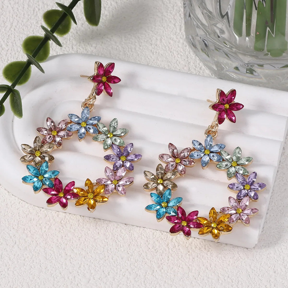 1 Pair Simple Style Classic Style Flower Inlay Zinc Alloy Rhinestones Drop Earrings