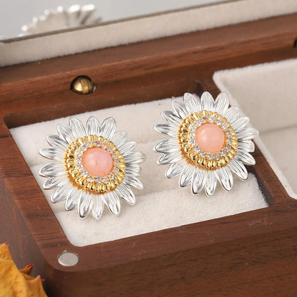 1 Pair Simple Style Classic Style Flower Plating Inlay Copper Natural Stone Zircon 18k Gold Plated Ear Studs