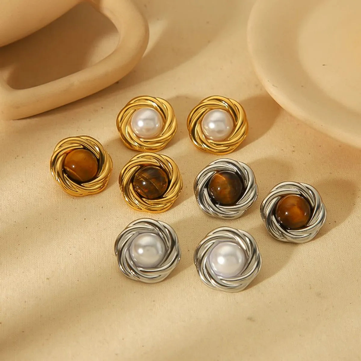 1 Pair Simple Style Classic Style Geometric Polishing Plating 304 Stainless Steel Artificial Pearls Natural Stone 18K Gold Plated Ear Studs