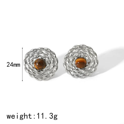 1 Pair Simple Style Classic Style Geometric Polishing Plating Inlay 304 Stainless Steel Natural Stone 18K Gold Plated Ear Studs