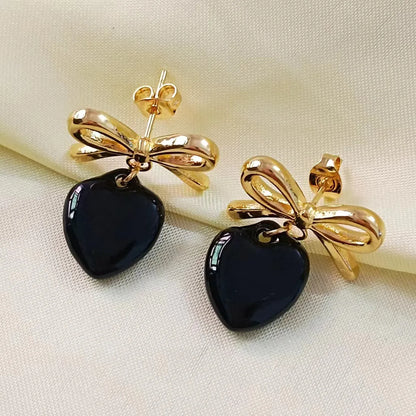 1 Pair Simple Style Classic Style Heart Shape Bow Knot Plating Titanium Steel Drop Earrings