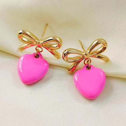 1 Pair Simple Style Classic Style Heart Shape Bow Knot Plating Titanium Steel Drop Earrings