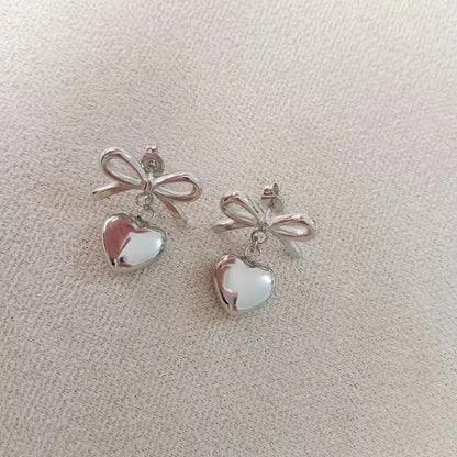 1 Pair Simple Style Classic Style Heart Shape Bow Knot Plating Titanium Steel Drop Earrings