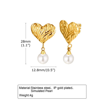 1 Pair Simple Style Classic Style Heart Shape Plating Inlay 201 Stainless Steel Artificial Pearls 18K Gold Plated Drop Earrings