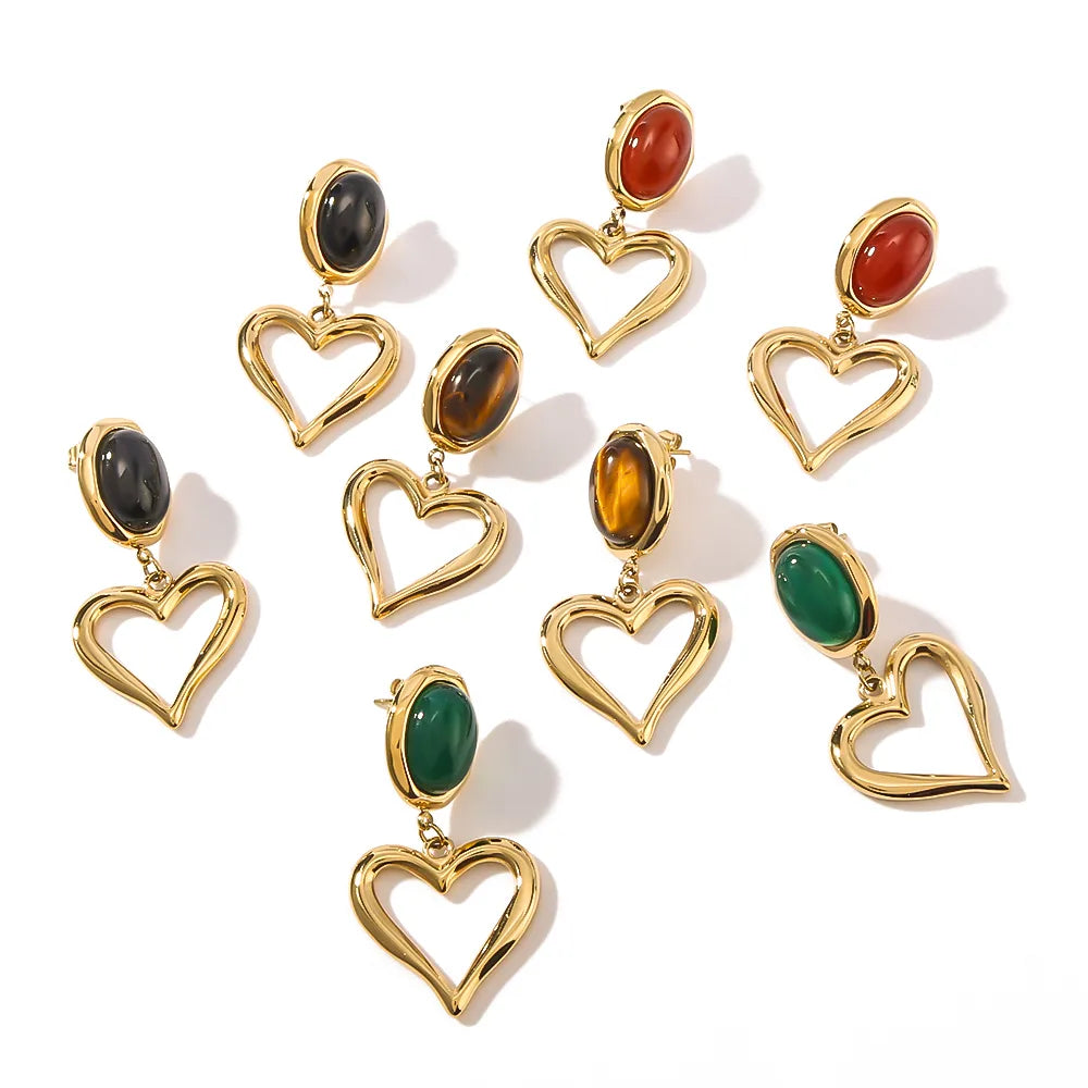 1 Pair Simple Style Classic Style Heart Shape Plating Inlay 304 Stainless Steel Natural Stone 18K Gold Plated Drop Earrings