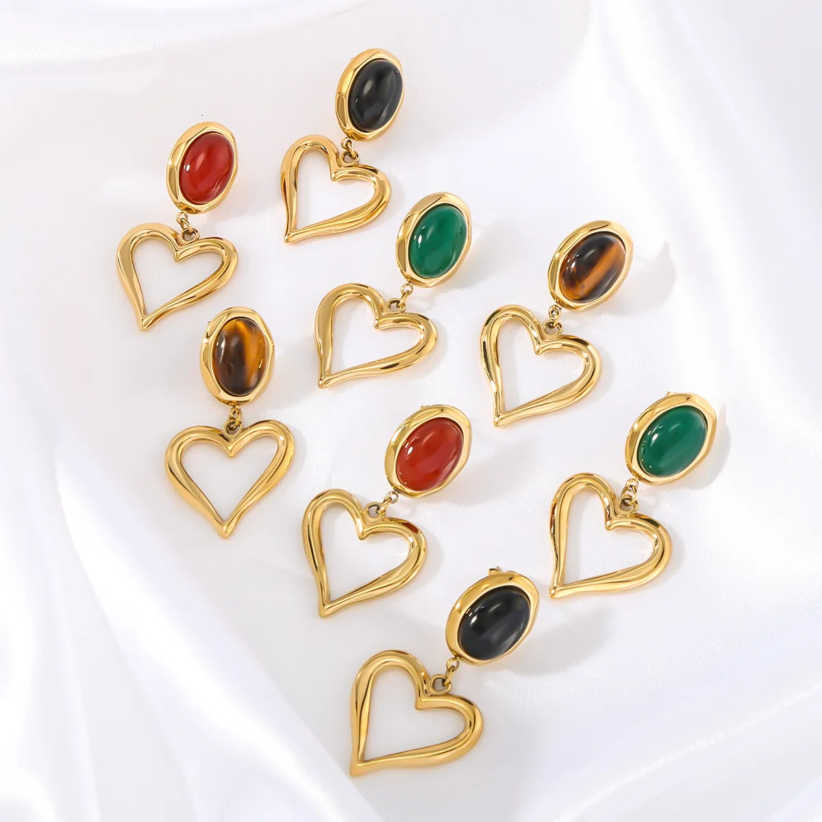 1 Pair Simple Style Classic Style Heart Shape Plating Inlay 304 Stainless Steel Natural Stone 18K Gold Plated Drop Earrings