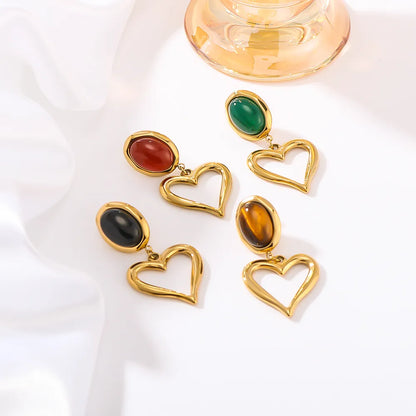 1 Pair Simple Style Classic Style Heart Shape Plating Inlay 304 Stainless Steel Natural Stone 18K Gold Plated Drop Earrings