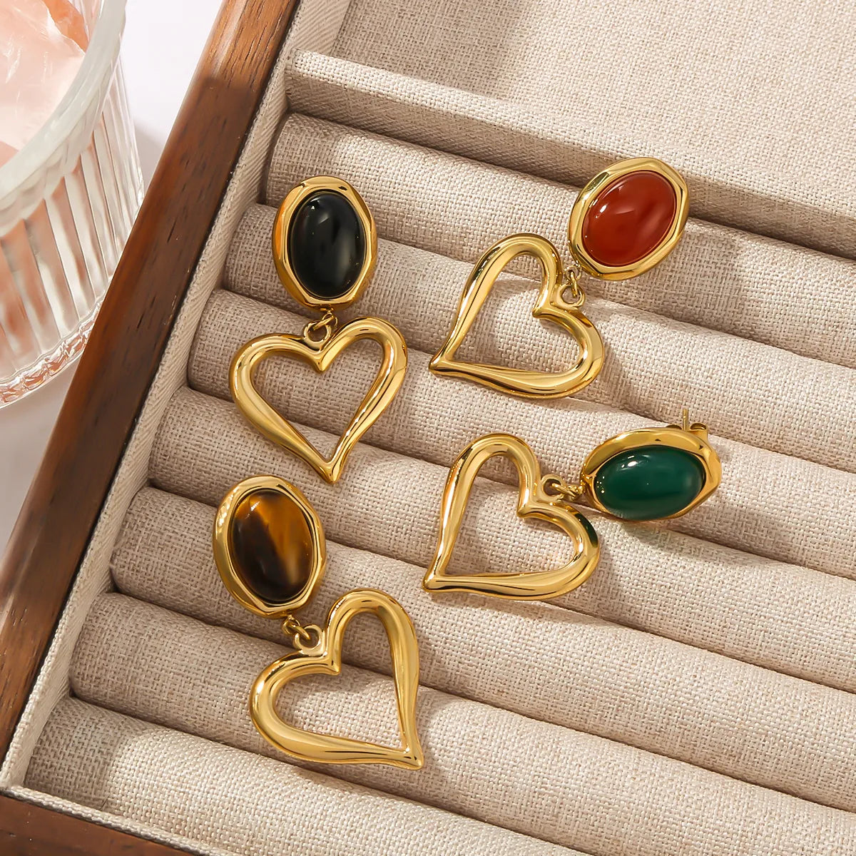 1 Pair Simple Style Classic Style Heart Shape Plating Inlay 304 Stainless Steel Natural Stone 18K Gold Plated Drop Earrings