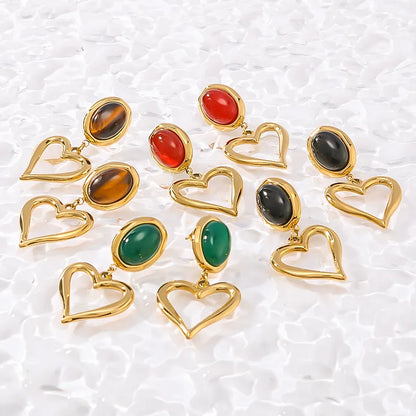 1 Pair Simple Style Classic Style Heart Shape Plating Inlay 304 Stainless Steel Natural Stone 18K Gold Plated Drop Earrings