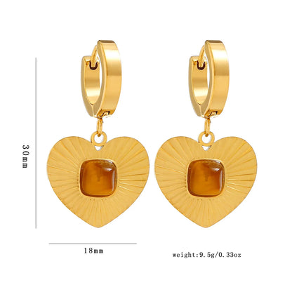 1 Pair Simple Style Classic Style Heart Shape Plating Inlay 304 Stainless Steel Tiger Eye 18K Gold Plated Drop Earrings