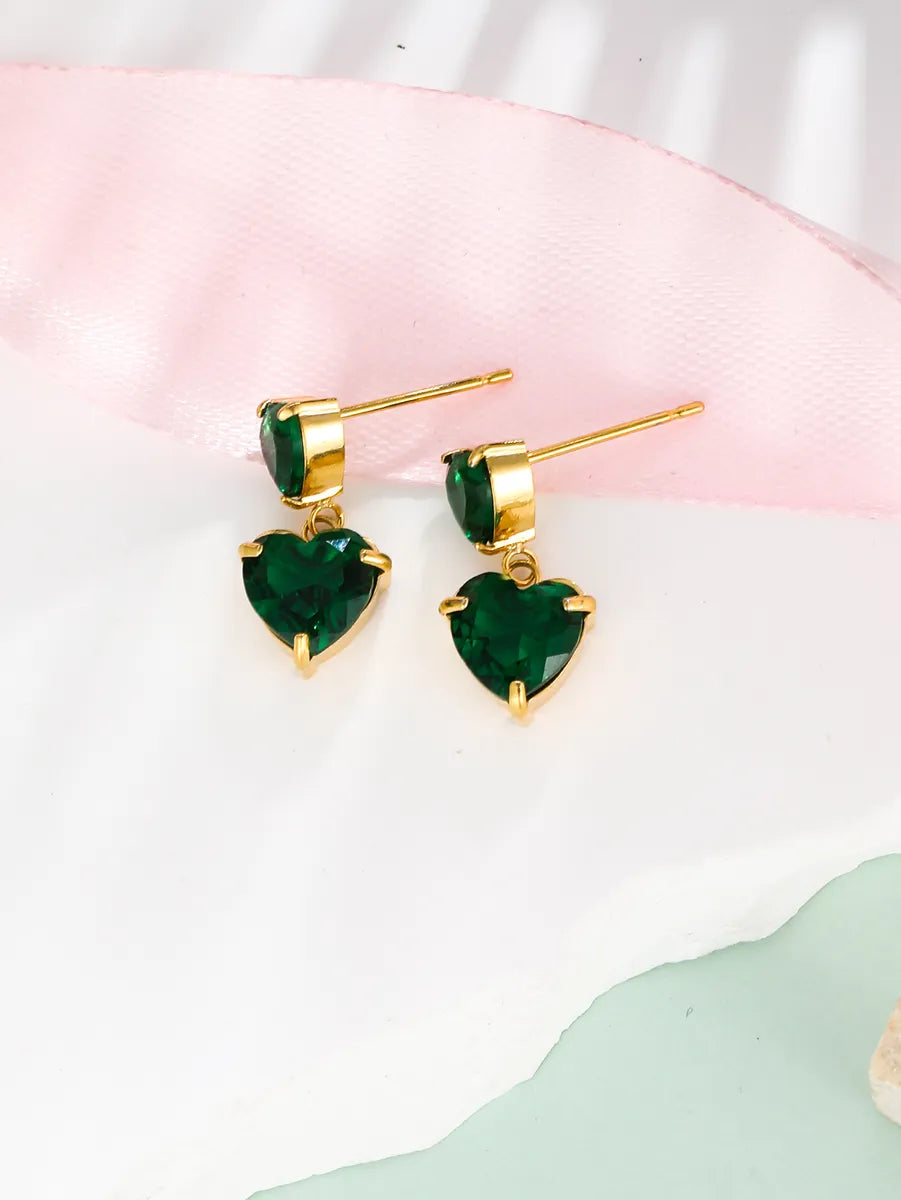 1 Pair Simple Style Classic Style Heart Shape Plating Inlay Stainless Steel Zircon 18k Gold Plated Drop Earrings