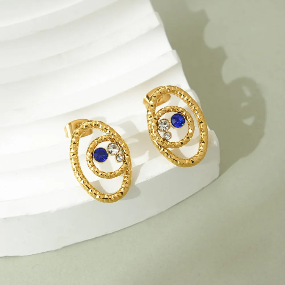 1 Pair Simple Style Classic Style Oval Polishing Plating Inlay 304 Stainless Steel Zircon 14K Gold Plated Ear Studs