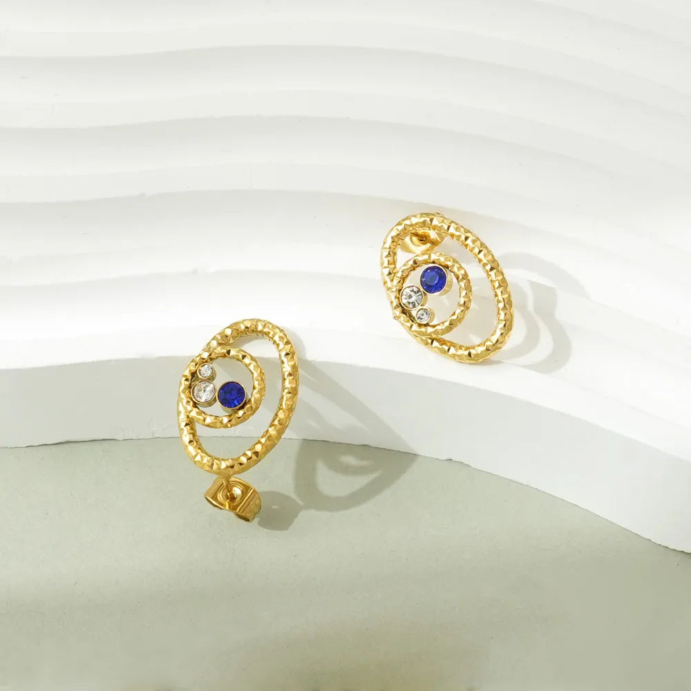 1 Pair Simple Style Classic Style Oval Polishing Plating Inlay 304 Stainless Steel Zircon 14K Gold Plated Ear Studs