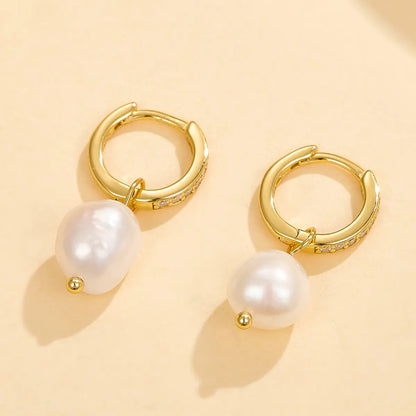 1 Pair Simple Style Classic Style Pearl Plating Inlay Freshwater Pearl Sterling Silver Freshwater Pearl Pearl Zircon White Gold Plated Gold Plated Drop Earrings