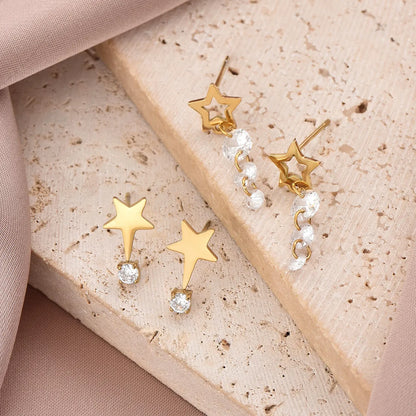 1 Pair Simple Style Classic Style Pentagram Plating Inlay Stainless Steel Zircon 14K Gold Plated Ear Studs