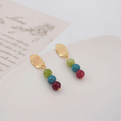 1 Pair Simple Style Classic Style Round Beaded Stone Copper Gold Plated Drop Earrings