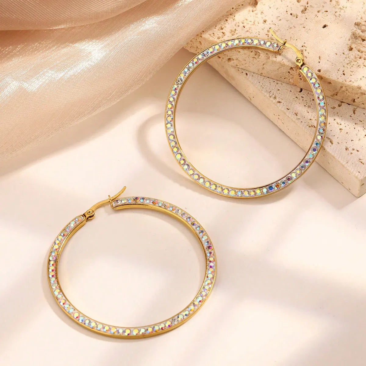 1 Pair Simple Style Classic Style Round Plating Inlay 304 Stainless Steel Artificial Rhinestones 18K Gold Plated Hoop Earrings