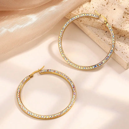 1 Pair Simple Style Classic Style Round Plating Inlay 304 Stainless Steel Artificial Rhinestones 18K Gold Plated Hoop Earrings