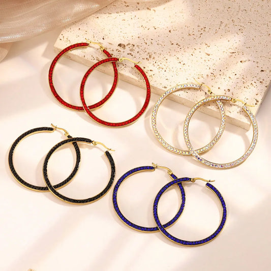 1 Pair Simple Style Classic Style Round Plating Inlay 304 Stainless Steel Artificial Rhinestones 18K Gold Plated Hoop Earrings