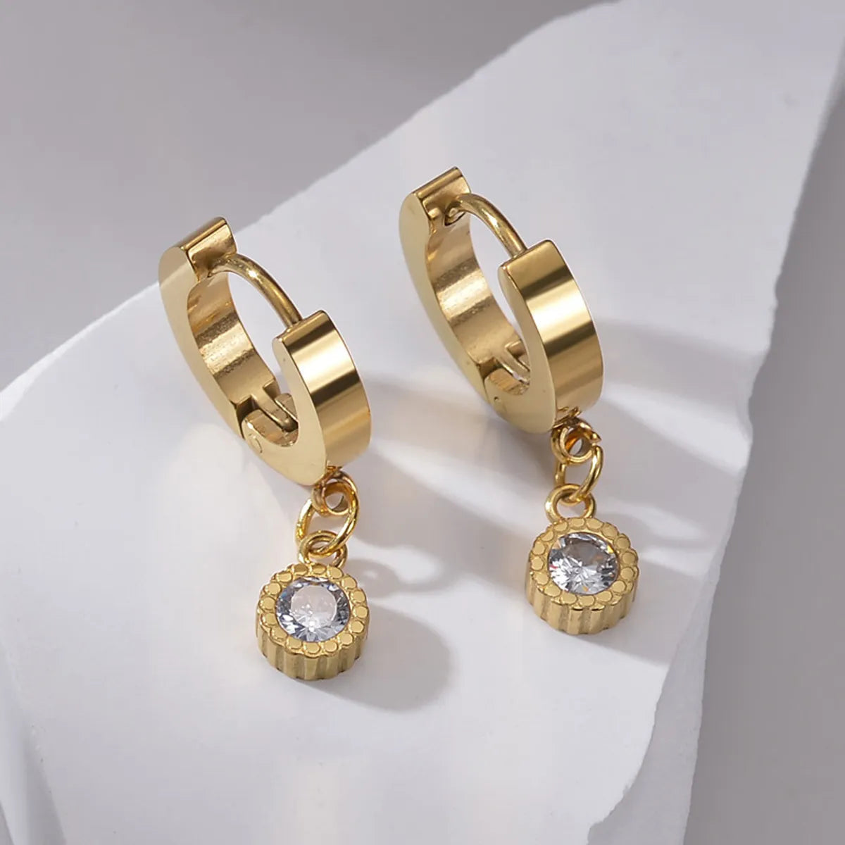 1 Pair Simple Style Classic Style Round Plating Inlay Stainless Steel Zircon 14k Gold Plated Drop Earrings