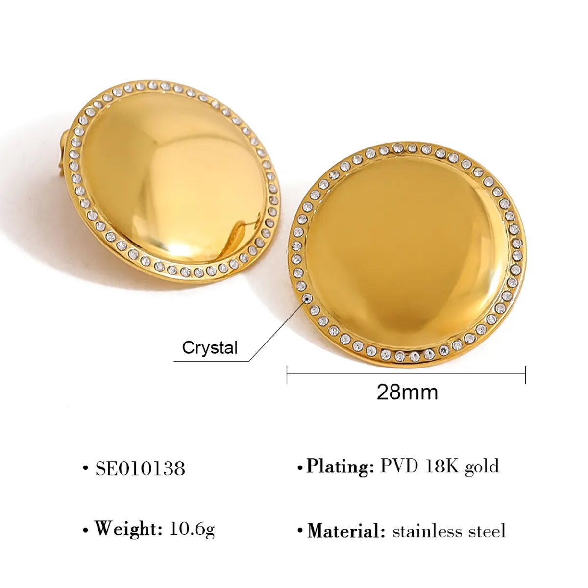 1 Pair Simple Style Classic Style Round Polishing Plating Inlay 304 Stainless Steel Rhinestones 18K Gold Plated Ear Studs