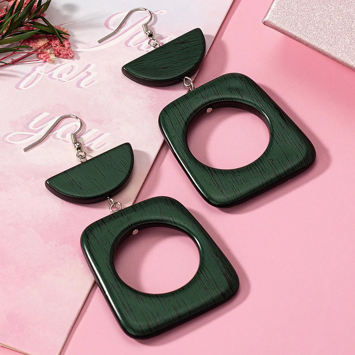 1 Pair Simple Style Classic Style Semicircle Rectangle Hollow Out Wood Drop Earrings