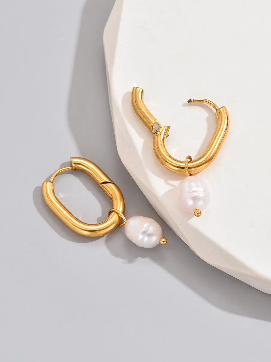 1 Pair Simple Style Classic Style Solid Color Layered Plating Inlay Titanium Steel Artificial Pearls 18k Gold Plated Gold Plated Dangling Earrings