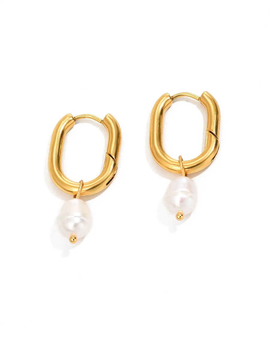 1 Pair Simple Style Classic Style Solid Color Layered Plating Inlay Titanium Steel Artificial Pearls 18k Gold Plated Gold Plated Dangling Earrings