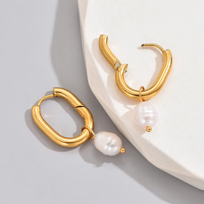 1 Pair Simple Style Classic Style Solid Color Layered Plating Inlay Titanium Steel Artificial Pearls 18k Gold Plated Gold Plated Dangling Earrings