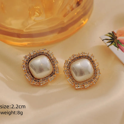 1 Pair Simple Style Classic Style Solid Color Plating Inlay Copper Pearl Zircon 18K Gold Plated Ear Studs