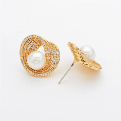 1 Pair Simple Style Classic Style Solid Color Plating Inlay Copper Pearl Zircon 18k Gold Plated White Gold Plated Ear Studs