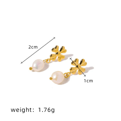 1 Pair Simple Style Classic Style Solid Color Plating Inlay 304 Stainless Steel Freshwater Pearl Pearl 18K Gold Plated Drop Earrings