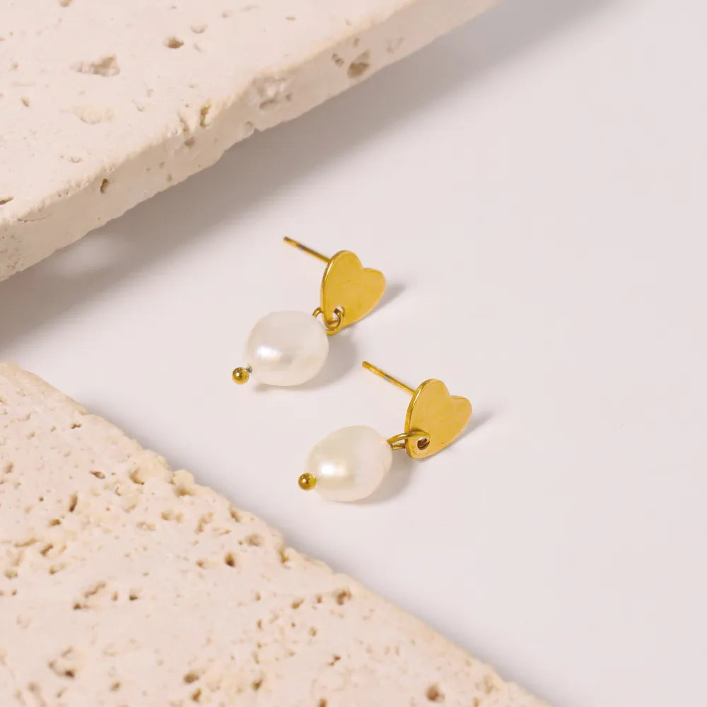 1 Pair Simple Style Classic Style Solid Color Plating Inlay 304 Stainless Steel Pearl 18K Gold Plated Drop Earrings