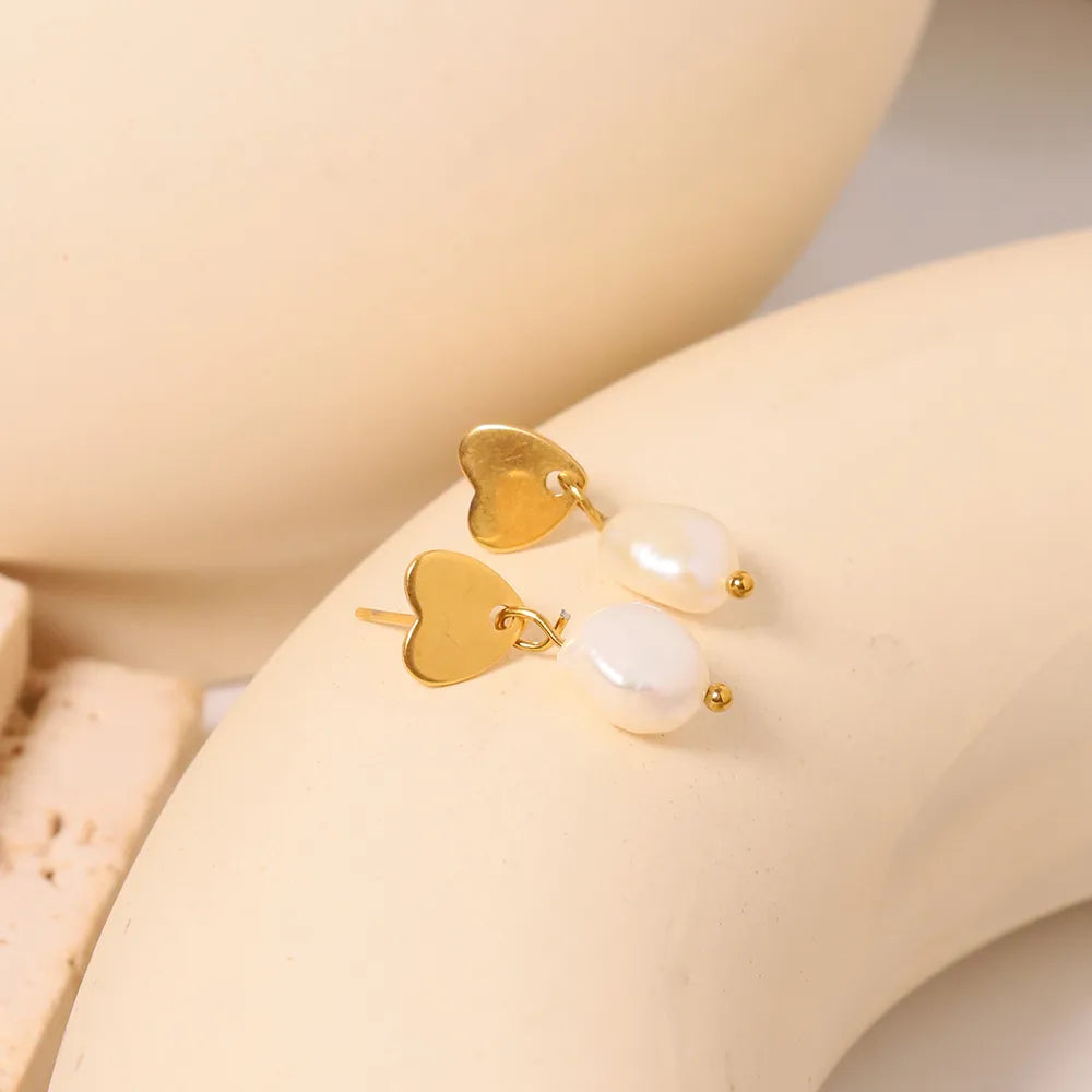 1 Pair Simple Style Classic Style Solid Color Plating Inlay 304 Stainless Steel Pearl 18K Gold Plated Drop Earrings