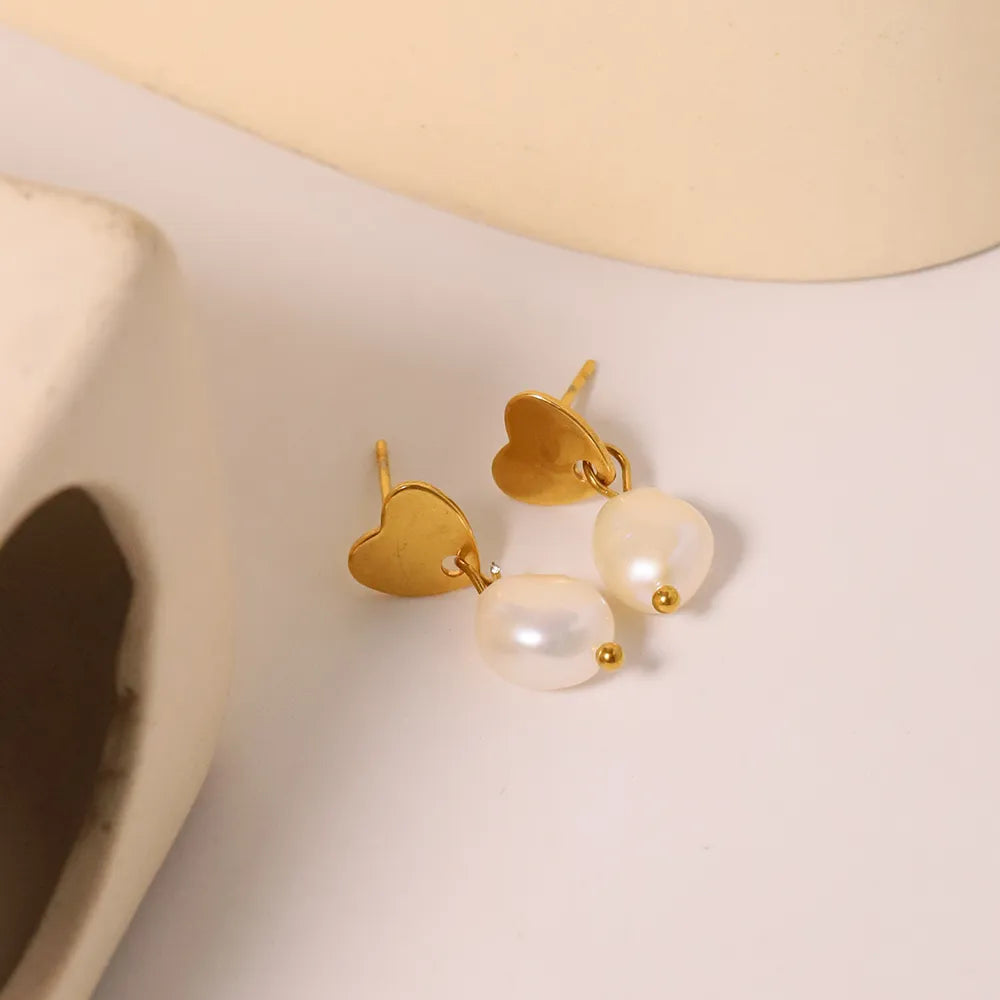 1 Pair Simple Style Classic Style Solid Color Plating Inlay 304 Stainless Steel Pearl 18K Gold Plated Drop Earrings