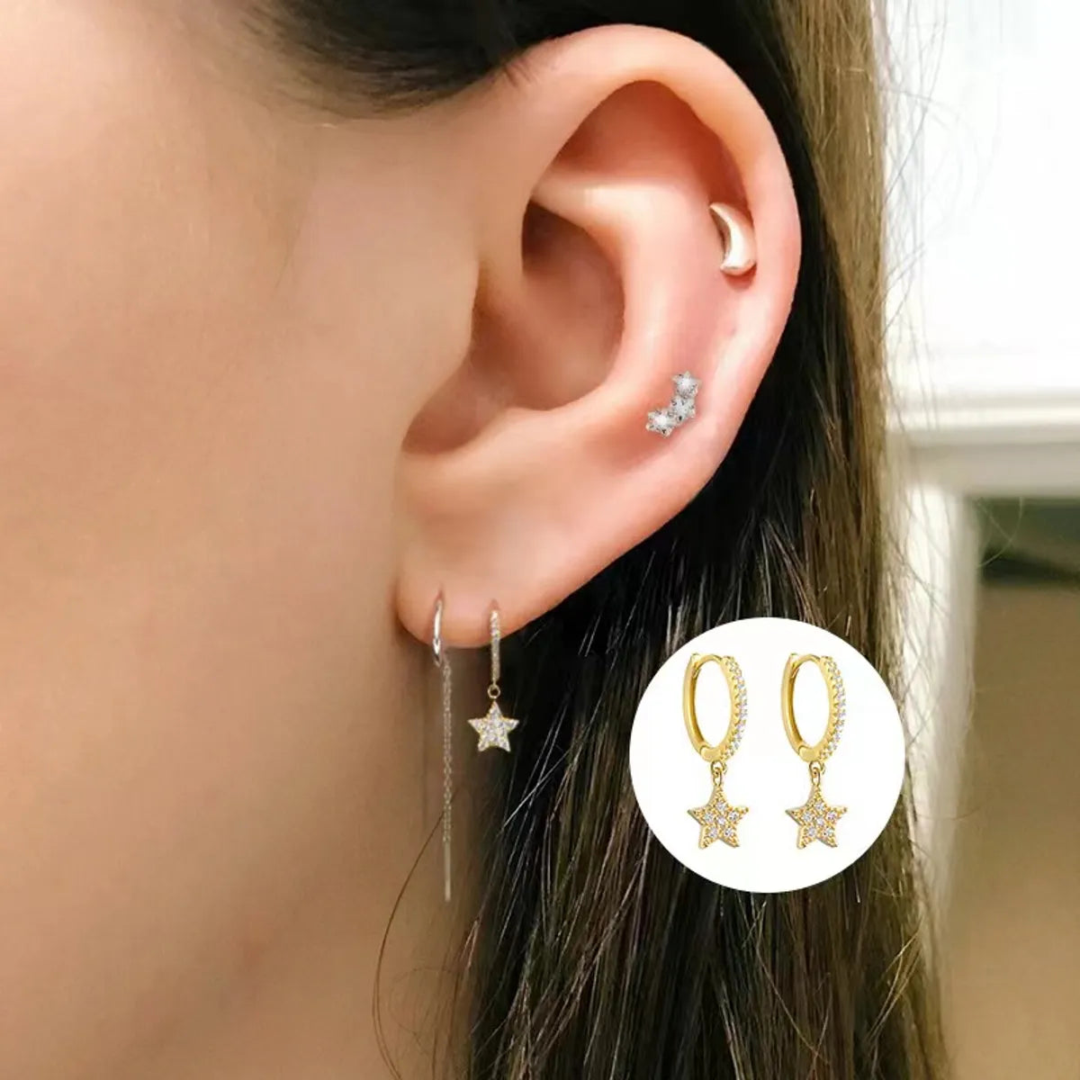 1 Pair Simple Style Classic Style Star Plating Inlay Sterling Silver Zircon 18k Gold Plated Rhodium Plated Drop Earrings