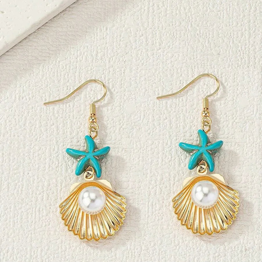 1 Pair Simple Style Classic Style Starfish Inlay Copper Pearl Drop Earrings