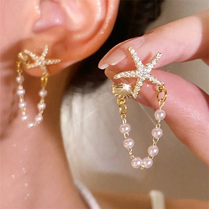 1 Pair Simple Style Classic Style Starfish Inlay Zinc Alloy Pearl Zircon Drop Earrings