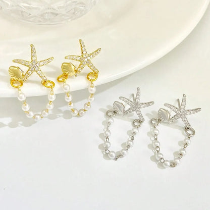 1 Pair Simple Style Classic Style Starfish Inlay Zinc Alloy Pearl Zircon Drop Earrings