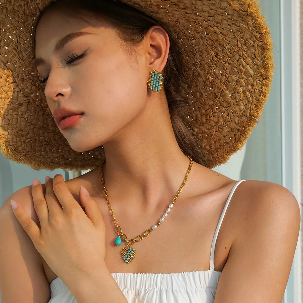 1 Pair Simple Style Classic Style Straw Hat Plating Inlay Stainless Steel Turquoise 18K Gold Plated Ear Studs