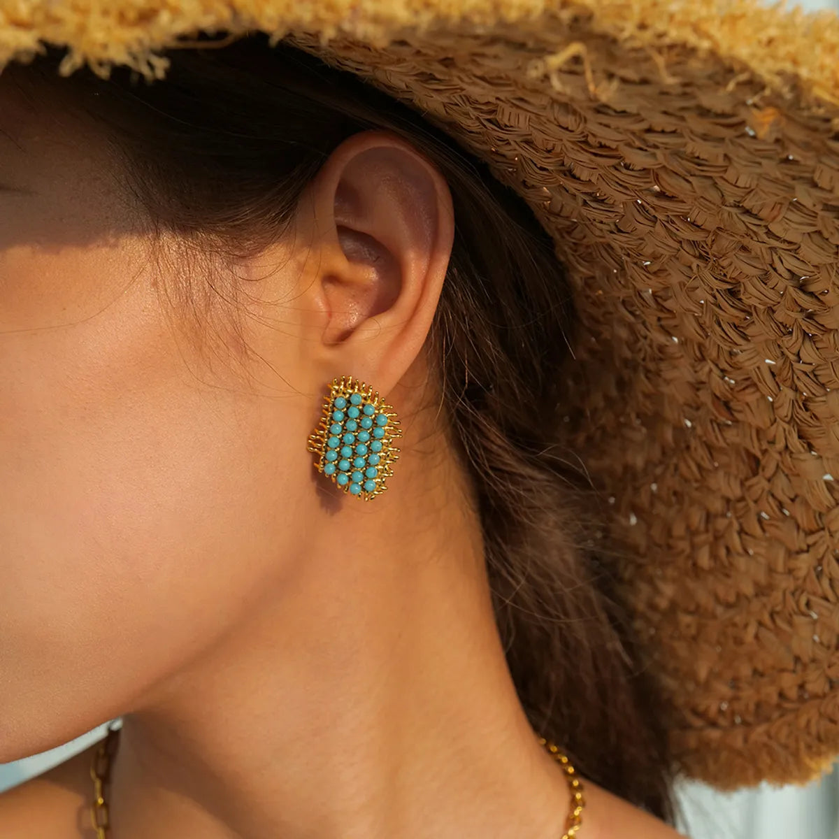 1 Pair Simple Style Classic Style Straw Hat Plating Inlay Stainless Steel Turquoise 18K Gold Plated Ear Studs