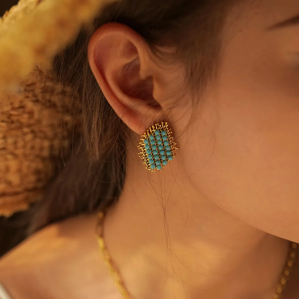 1 Pair Simple Style Classic Style Straw Hat Plating Inlay Stainless Steel Turquoise 18K Gold Plated Ear Studs