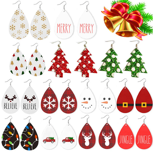 1 Pair Simple Style Classic Style Streetwear Christmas Tree Water Droplets Snowflake Pu Leather Drop Earrings